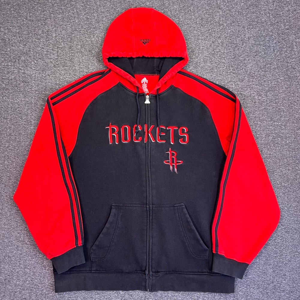 Adidas Houston Rockets Jacket Mens XL‎ Full Zip Hoodie Sweatshirt Black Red Logo